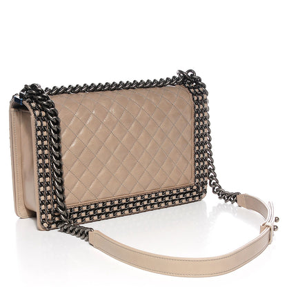 Chanel Calfskin Quilted Large Boy Chained Flap Beige 3 of 9