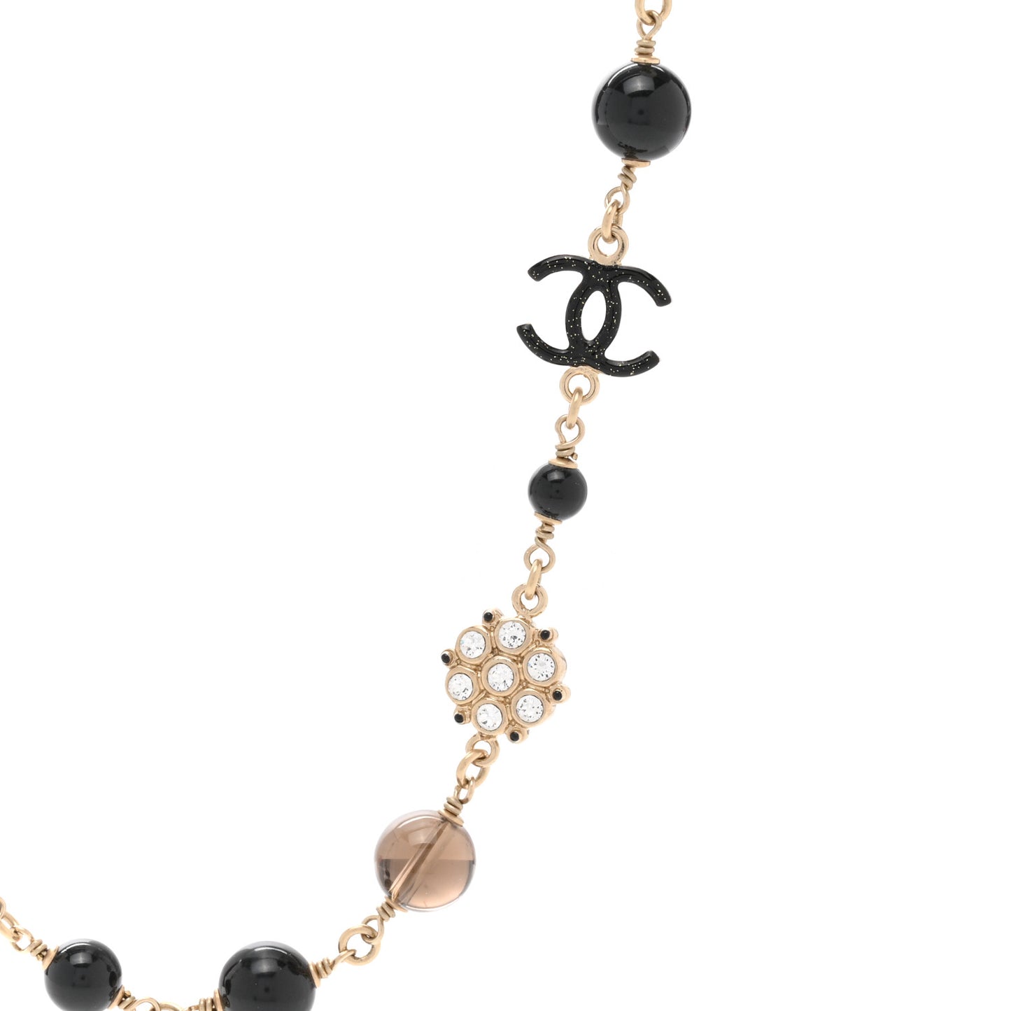 Pearl Crystal Bead CC Long Necklace Black Gold