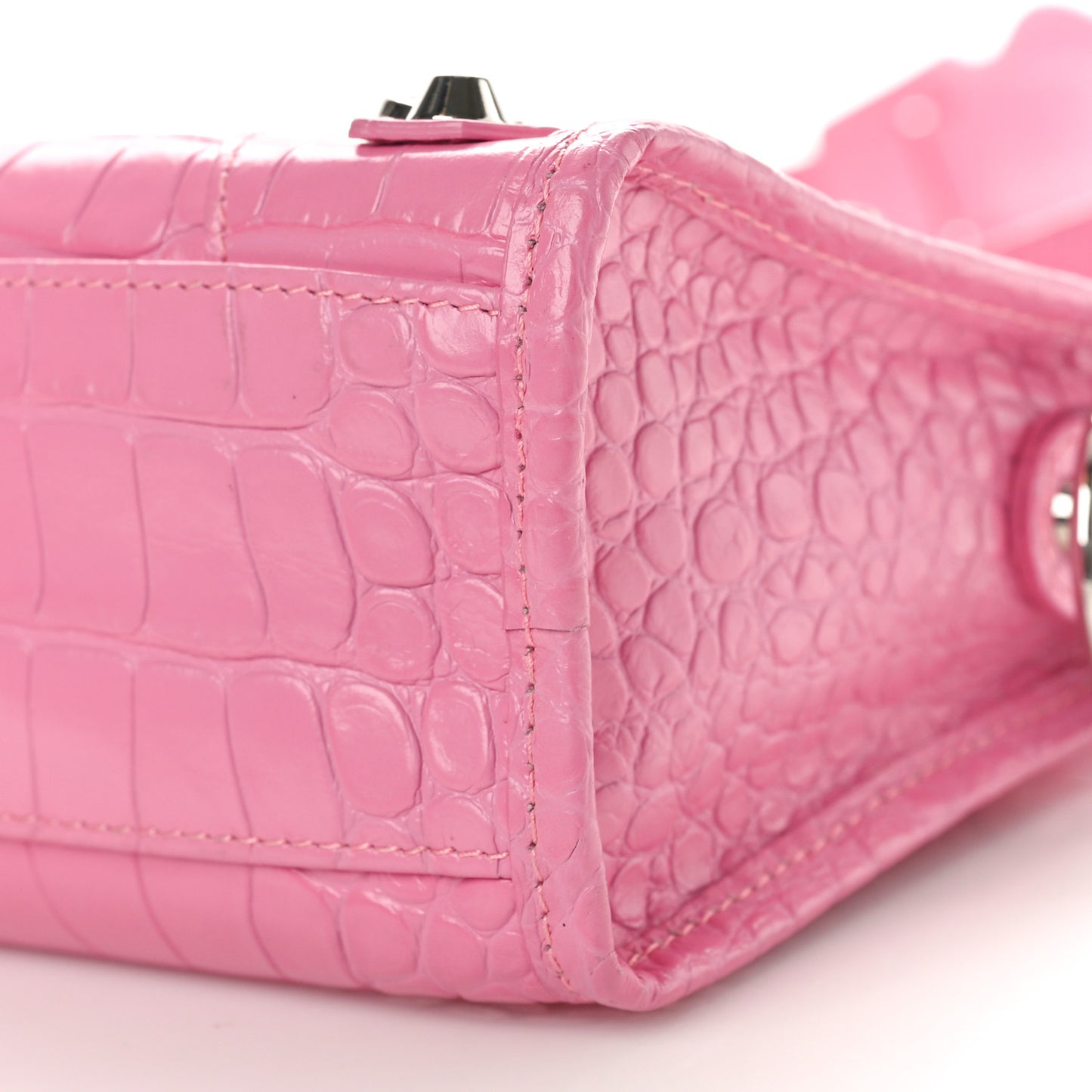 Shiny Supple Calfskin Crocodile Embossed Classic Silver Hardware Mini City Baby Pink