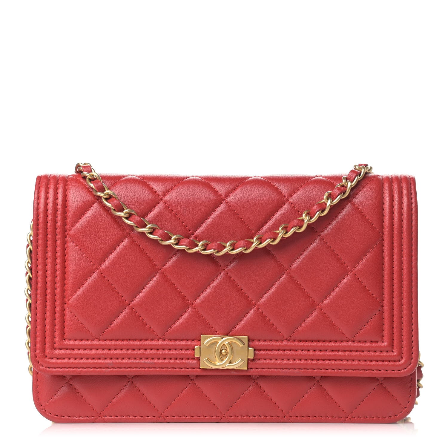 Chanel Lambskin Quilted Boy Wallet On Chain WOC Red 1 of 13