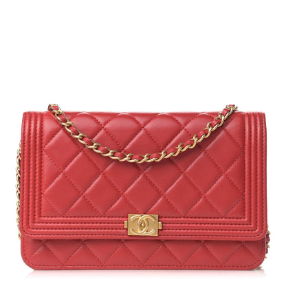 Chanel Lambskin Quilted Boy Wallet On Chain WOC Red 1 of 13