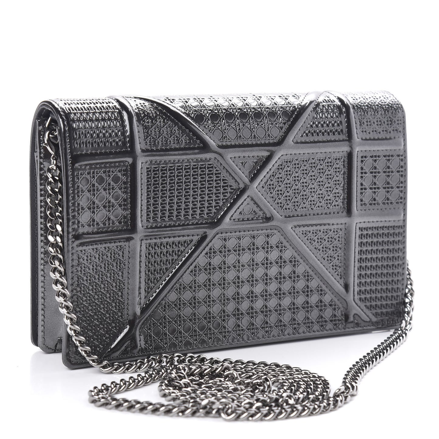 Metallic Patent Micro-Cannage Diorama Wallet on Chain Pouch Onyx Black