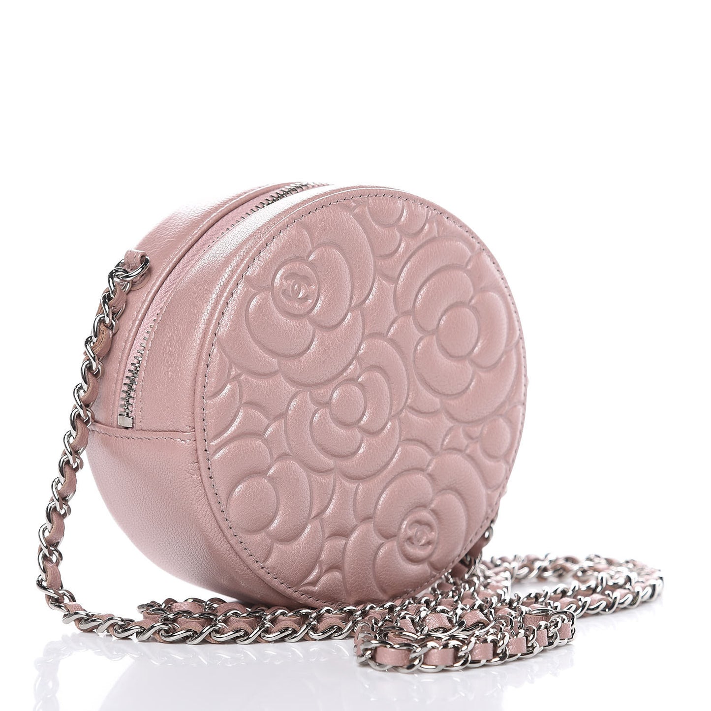 Goatskin Camellia Quilted Round Clutch With Chain Light Pink