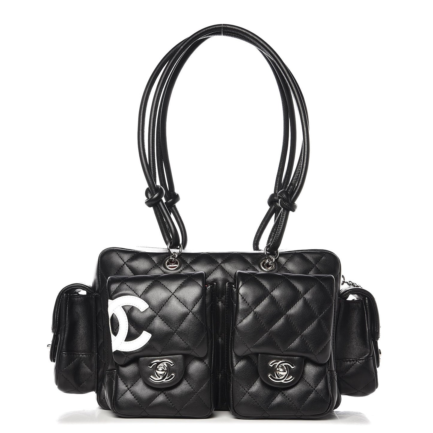 Calfskin Quilted Small Cambon Multipocket Reporter Black White