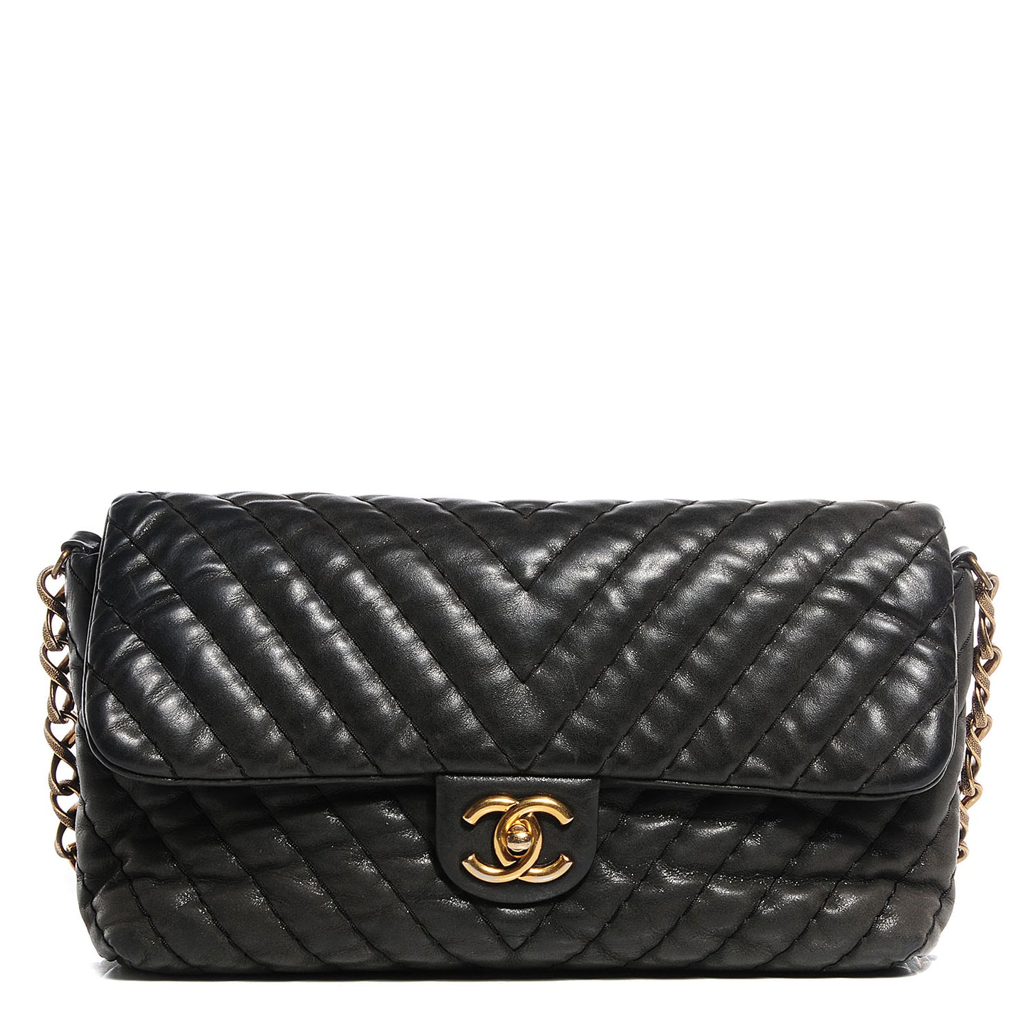 Iridescent Calfskin Surpique Chevron Large Flap Black
