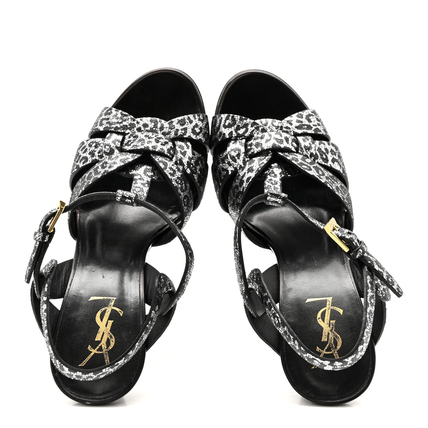 Saint Laurent Metallic Calfskin Leopard Print Tribute 105 Platform Sandals 38  Black Silver 2 of 12
