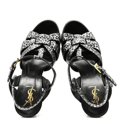 Saint Laurent Metallic Calfskin Leopard Print Tribute 105 Platform Sandals 38  Black Silver 2 of 12
