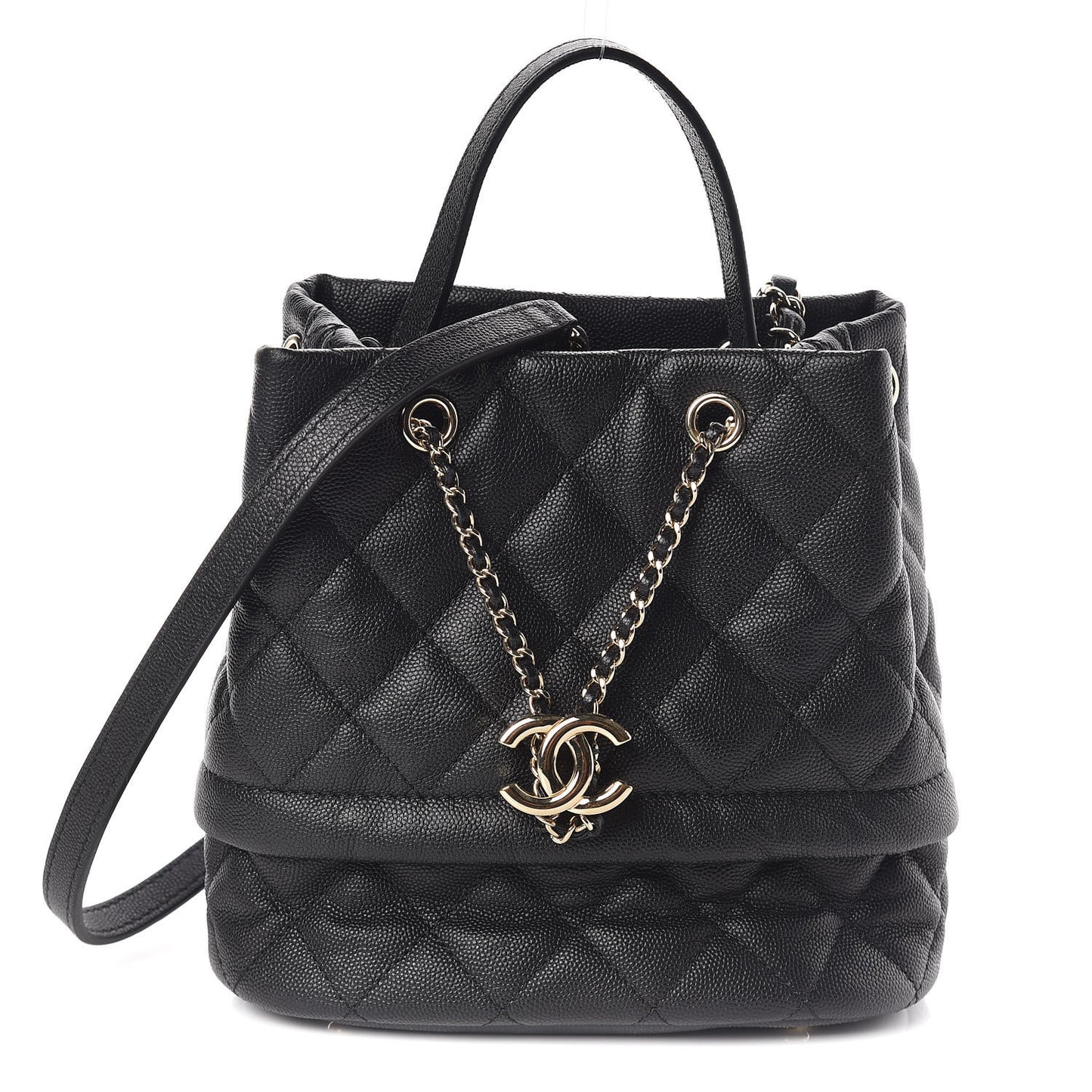 Caviar Quilted Rolled Up Bucket Drawstring Bag Black