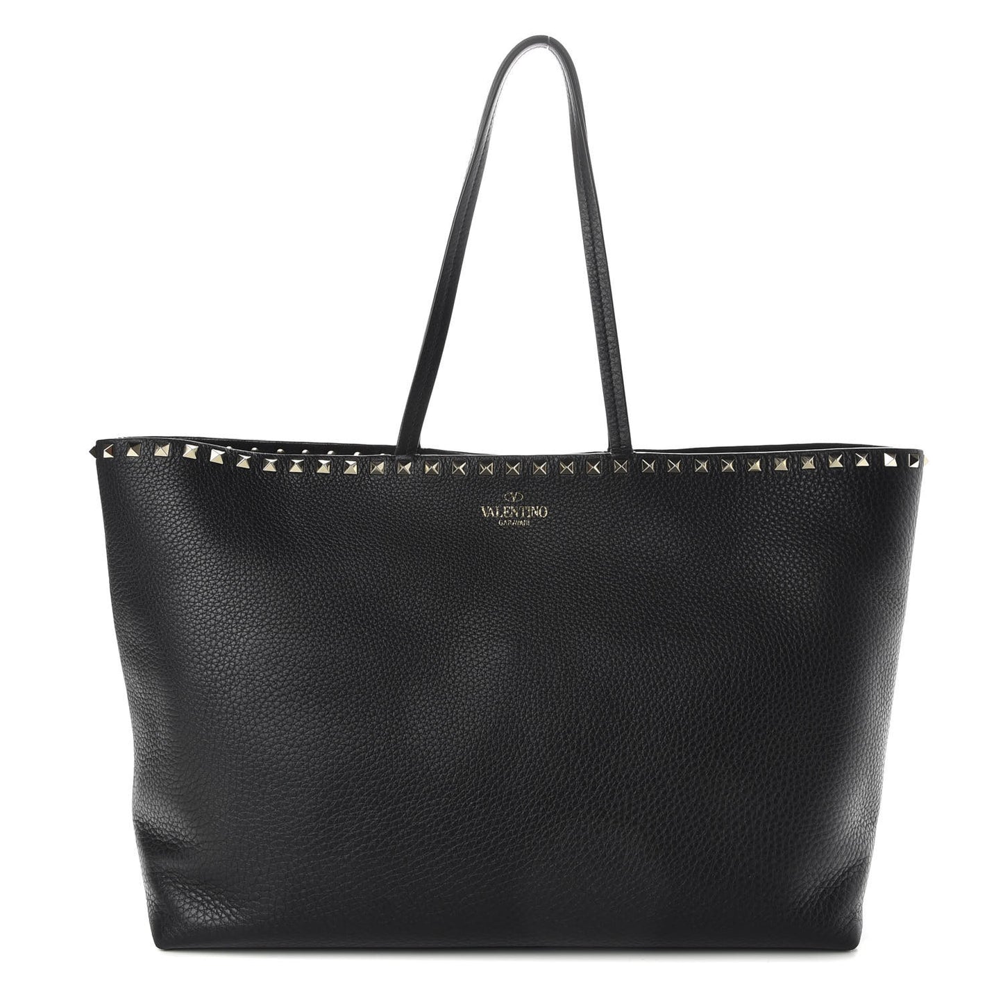 Grained Calfskin Rockstud Shoulder Tote Black