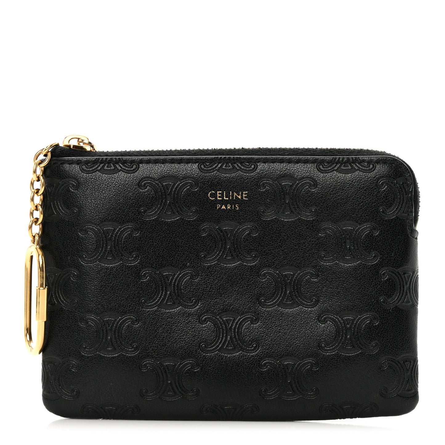 Smooth Calfskin Triomphe Embossed Coin and Card Pouch Black