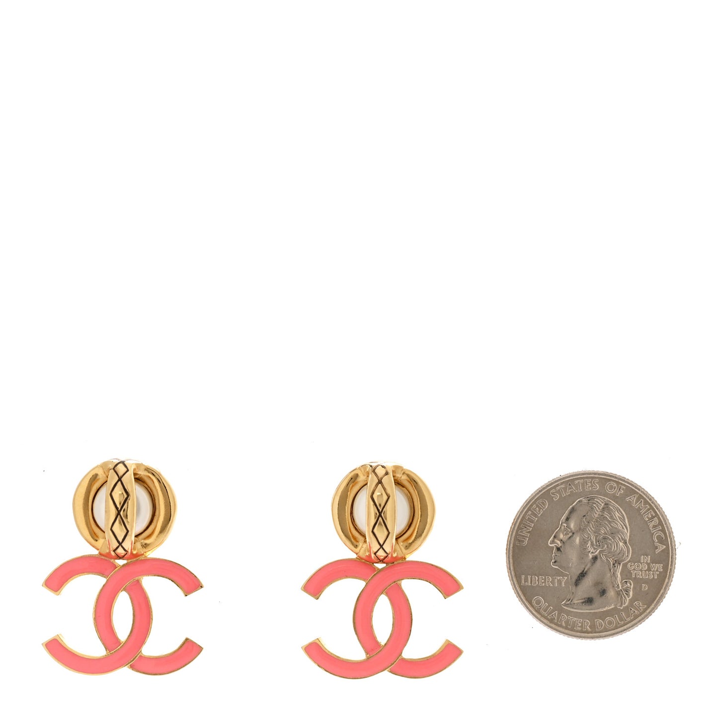 Metal Enamel Pearl CC Drop Earrings Gold Pink