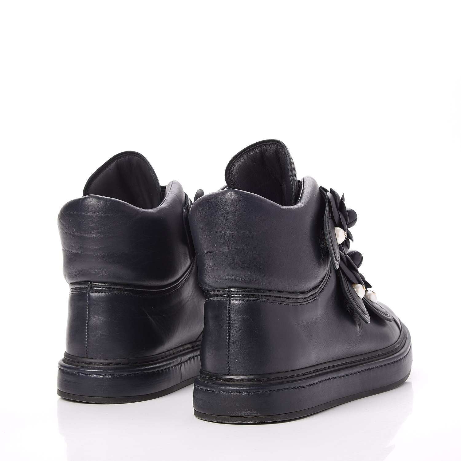 Chanel Calfskin Camellia High Top Sneakers 39.5 Navy 4 of 9