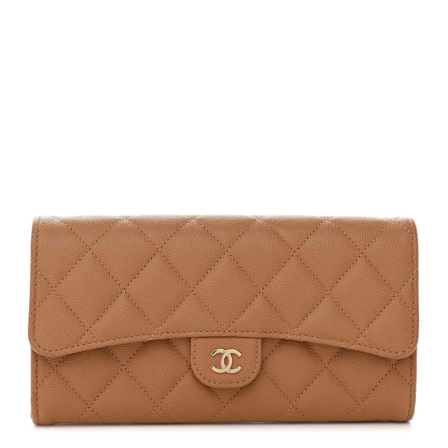Caviar Quilted Large Gusset Flap Wallet Beige