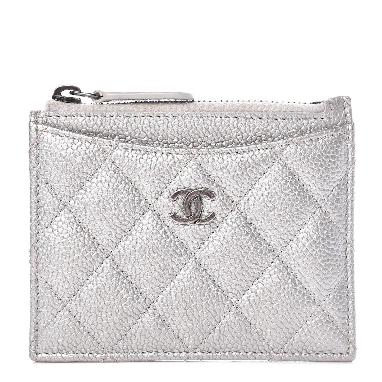 Metallic Caviar Quilted CC Zip Card Holder Silver