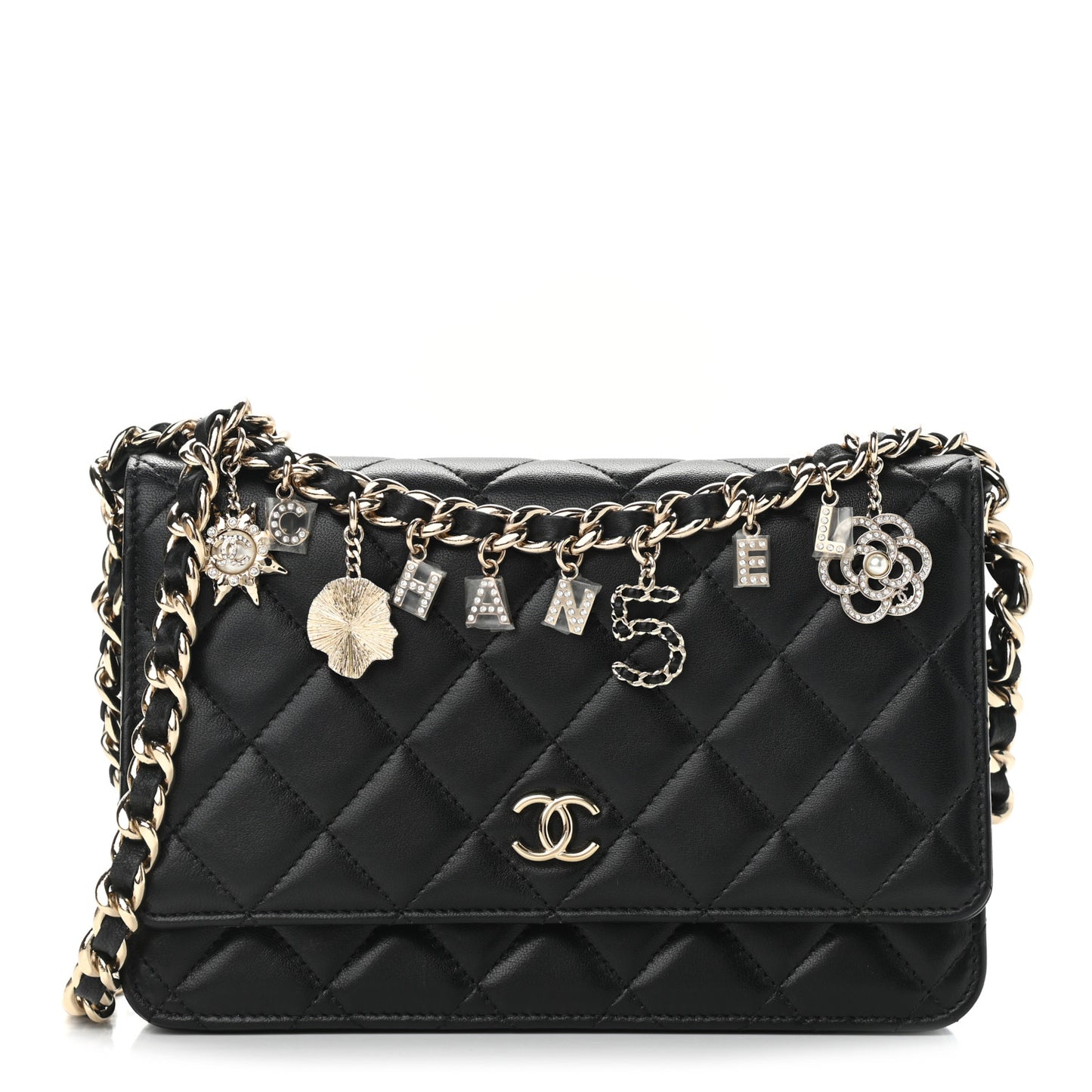 Lambskin Quilted Coco Charms Wallet On Chain Black