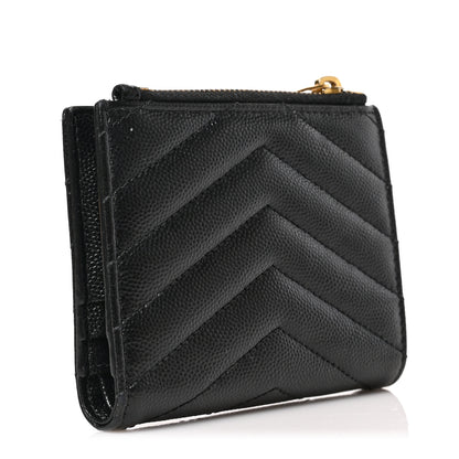 Saint Laurent Grain De Poudre Matelasse Chevron Monogram Zipped Card Case Black 6 of 12