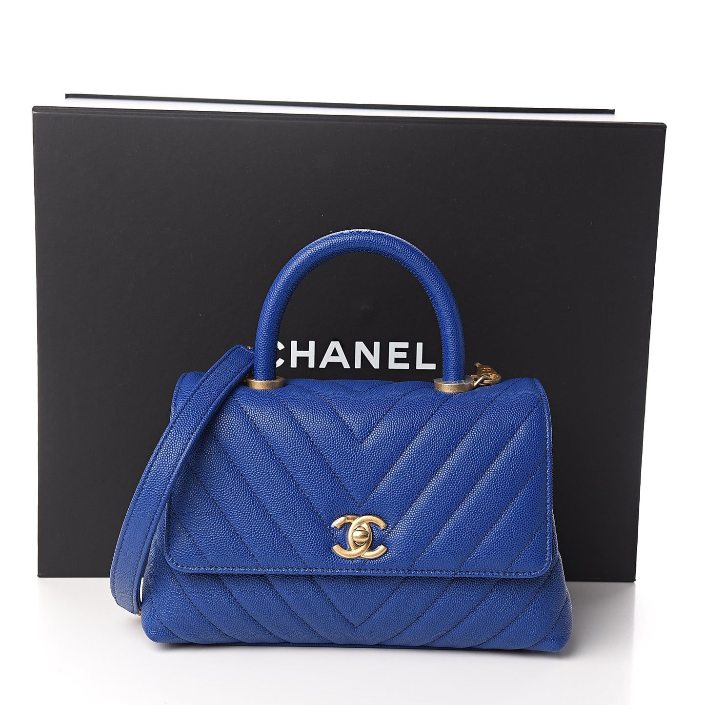 Caviar Chevron Quilted Mini Coco Handle Flap Blue