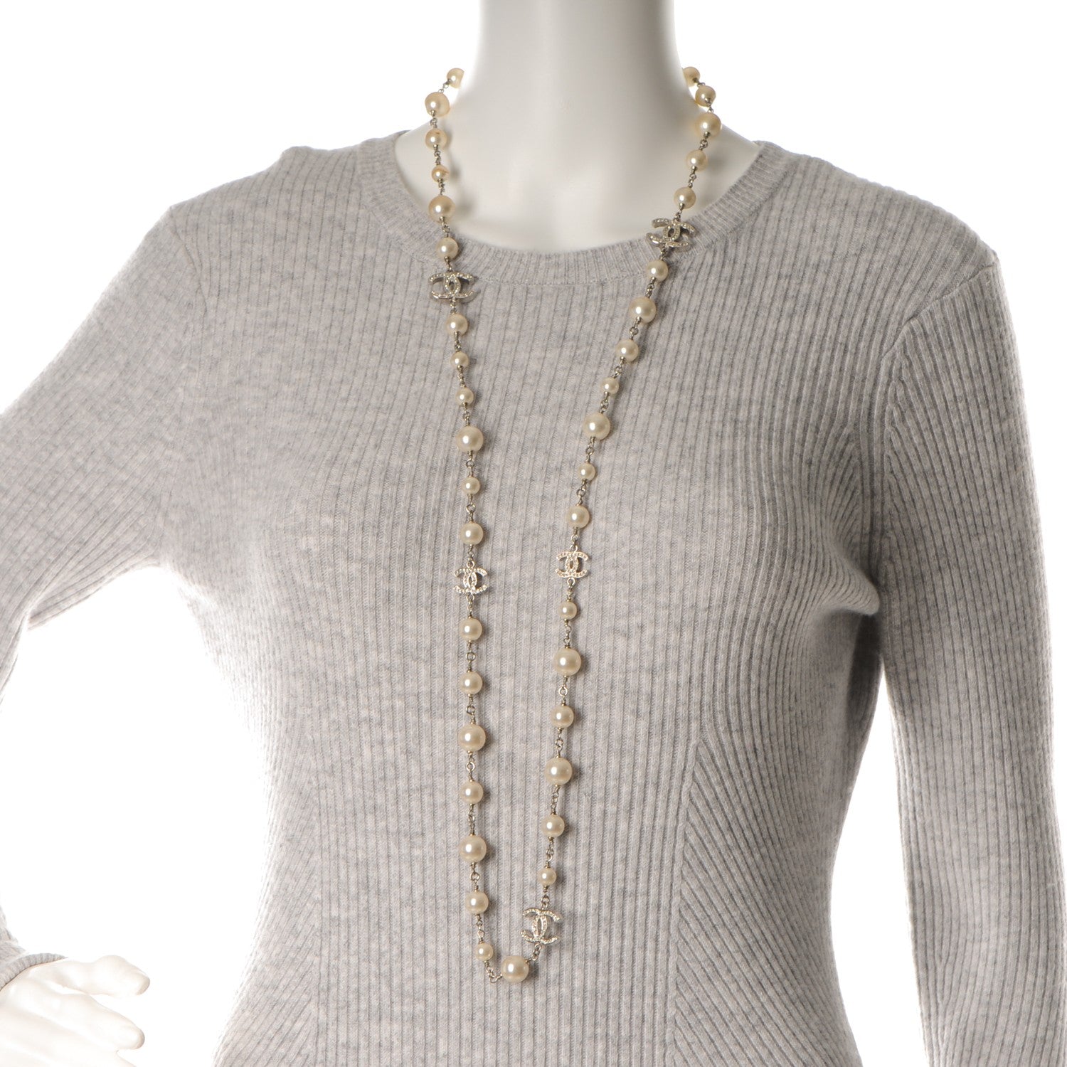 Chanel Crystal Pearl CC Long Necklace Silver 2 of 6
