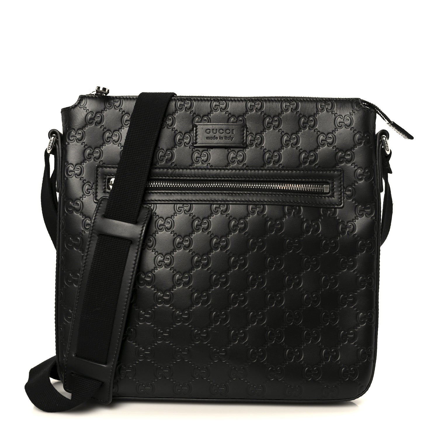 Gucci Guccissima Signature Medium Flat Messenger Bag Black 1 of 11