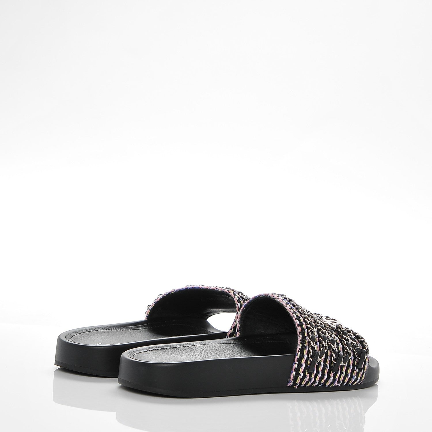 Chanel Tweed Lambskin Chain Flat Sandals 37 Black Multicolor 4 of 6