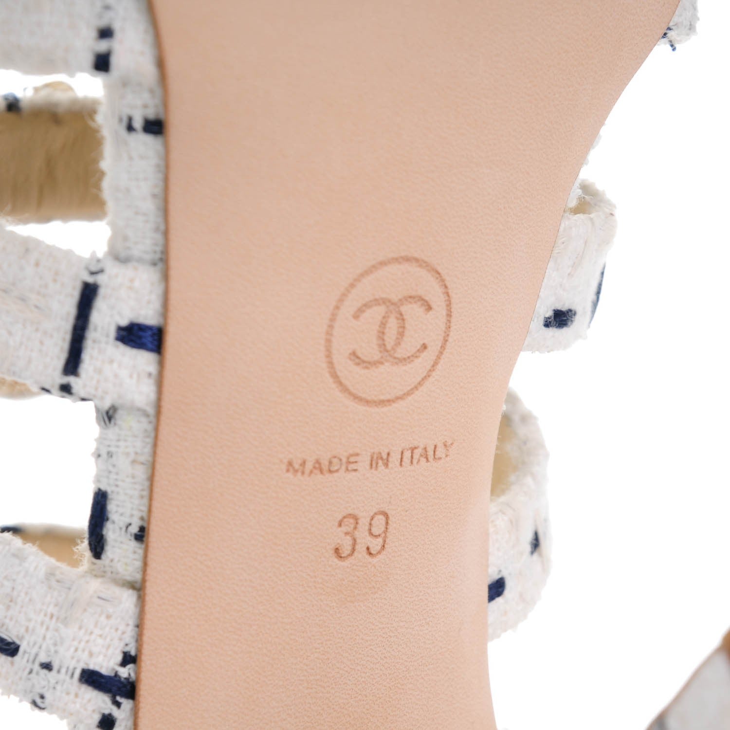 Chanel Tweed Reissue Chain Sandals 39 White Navy Gold 6 of 9
