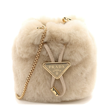 Prada Shearling Metal Triangle Logo Mini Drawcord Pouch Shoulder Bag Ecru 1 of 11