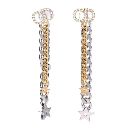 Christian Dior Pearl Crystal Star Dangle Chain Earrings Gold 1 of 5