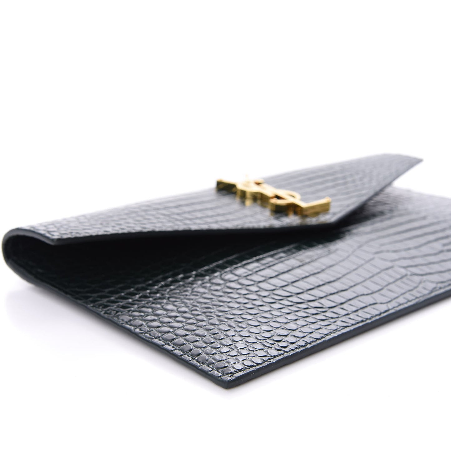 Calfskin Crocodile Embossed Uptown Monogram Clutch Dark Green