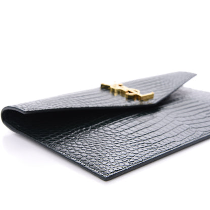 Saint Laurent Calfskin Crocodile Embossed Uptown Monogram Clutch Dark Green 5 of 9
