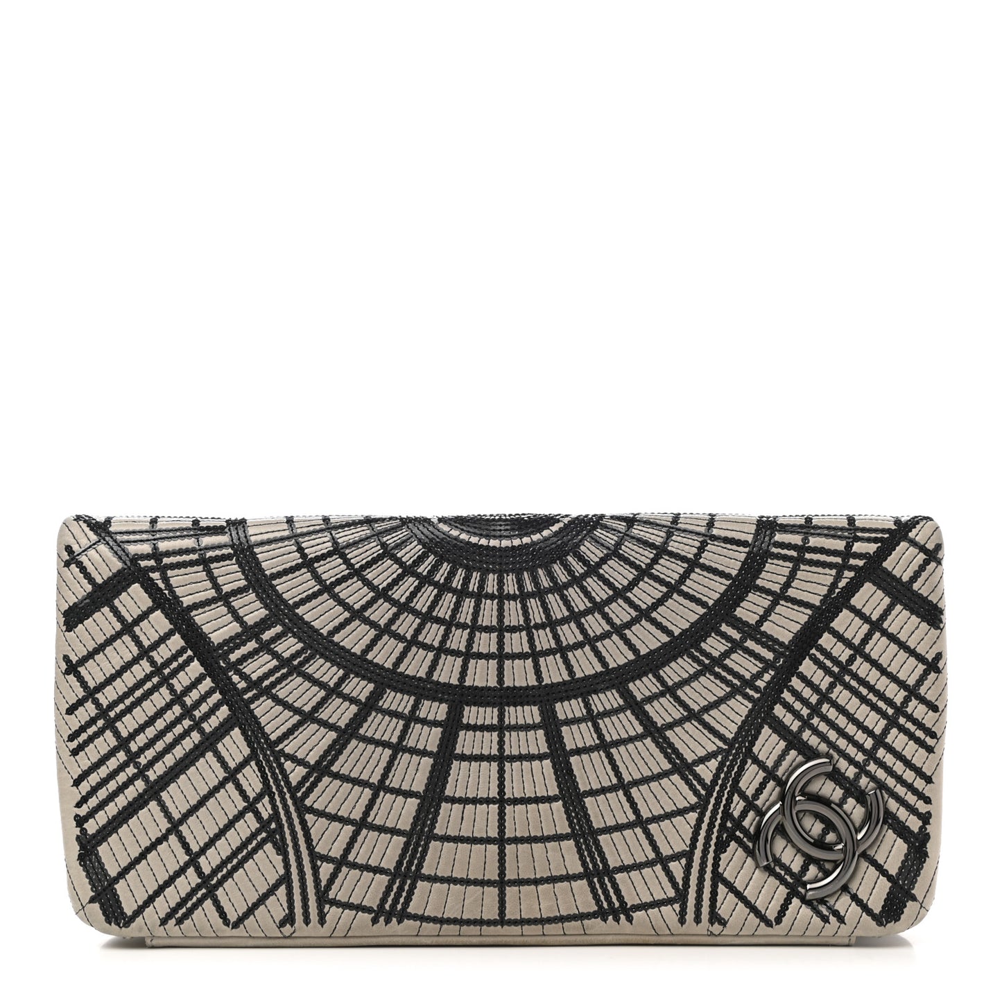 Calfskin Sequin Embellished Clutch Flap Grey Black