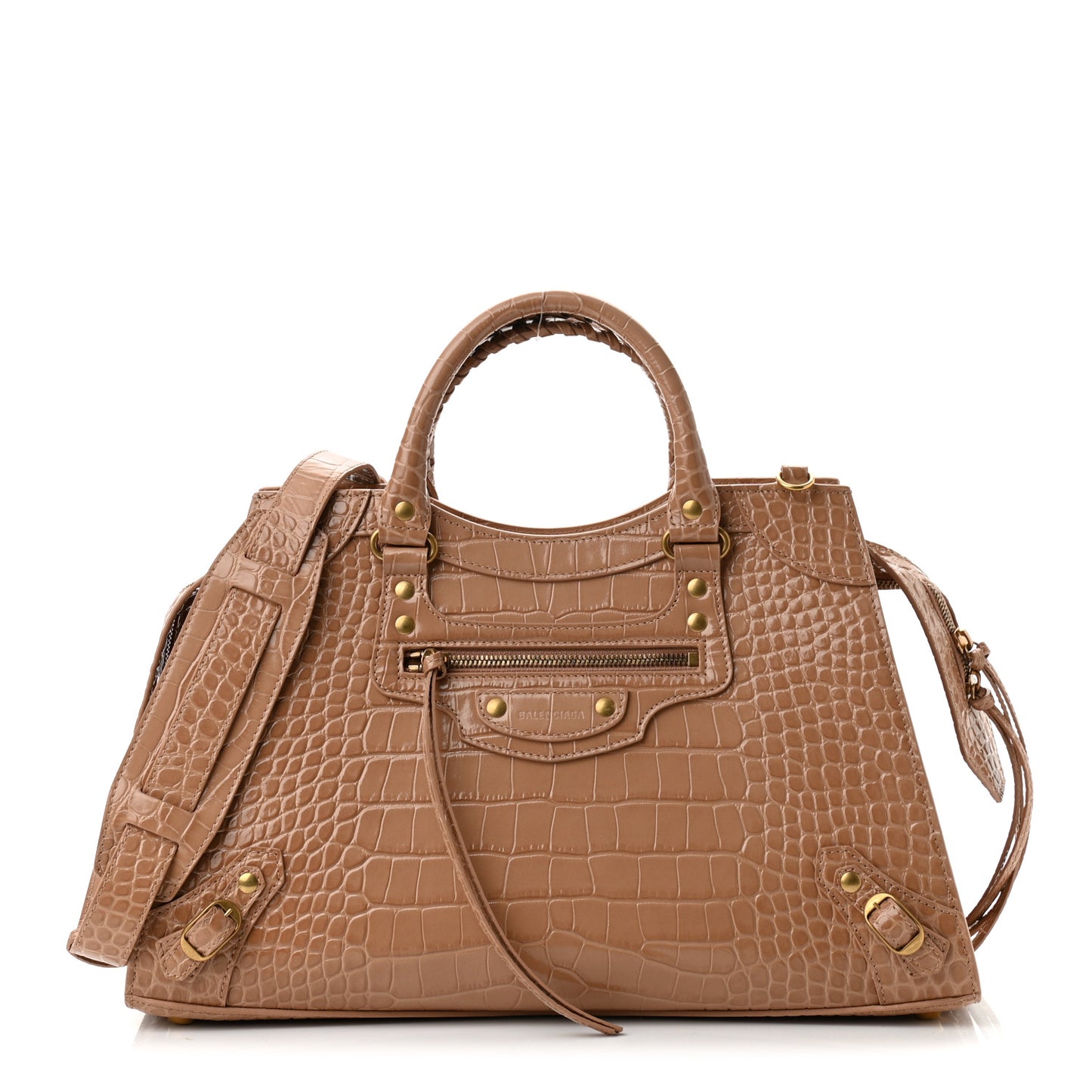 Shiny Supple Calfskin Crocodile Embossed Neo Classic Gold Hardware City Nude Beige