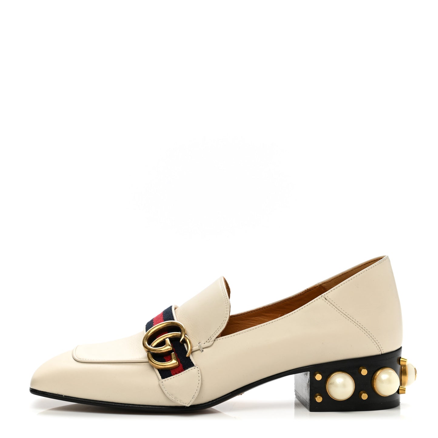 Betis Glamour Calfskin Web Pearl Embellished Peyton 35mm Loafer Pumps 38 Mystic White