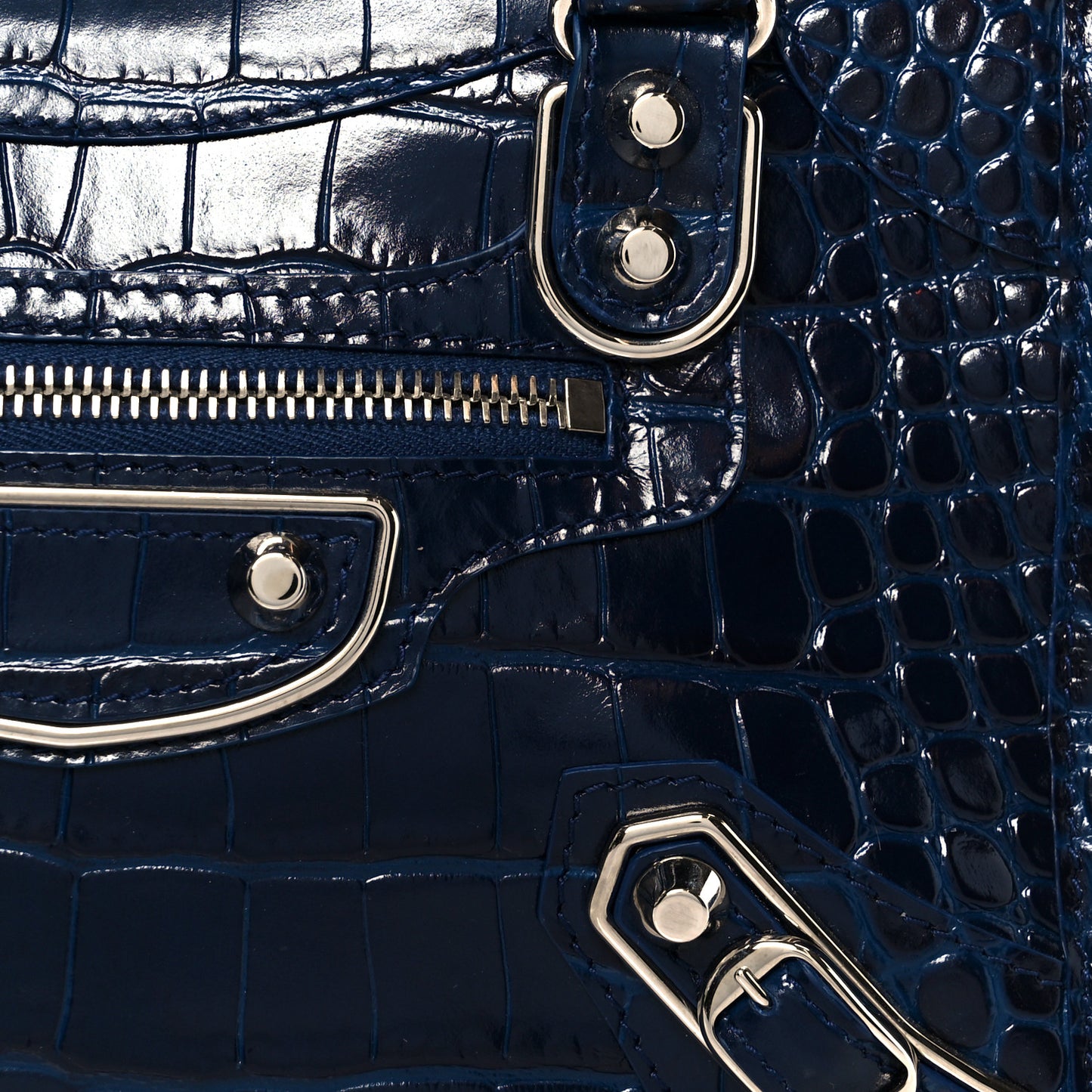 Shiny Supple Calfskin Crocodile Embossed Silver Metallic Edge Hardware Mini City Navy