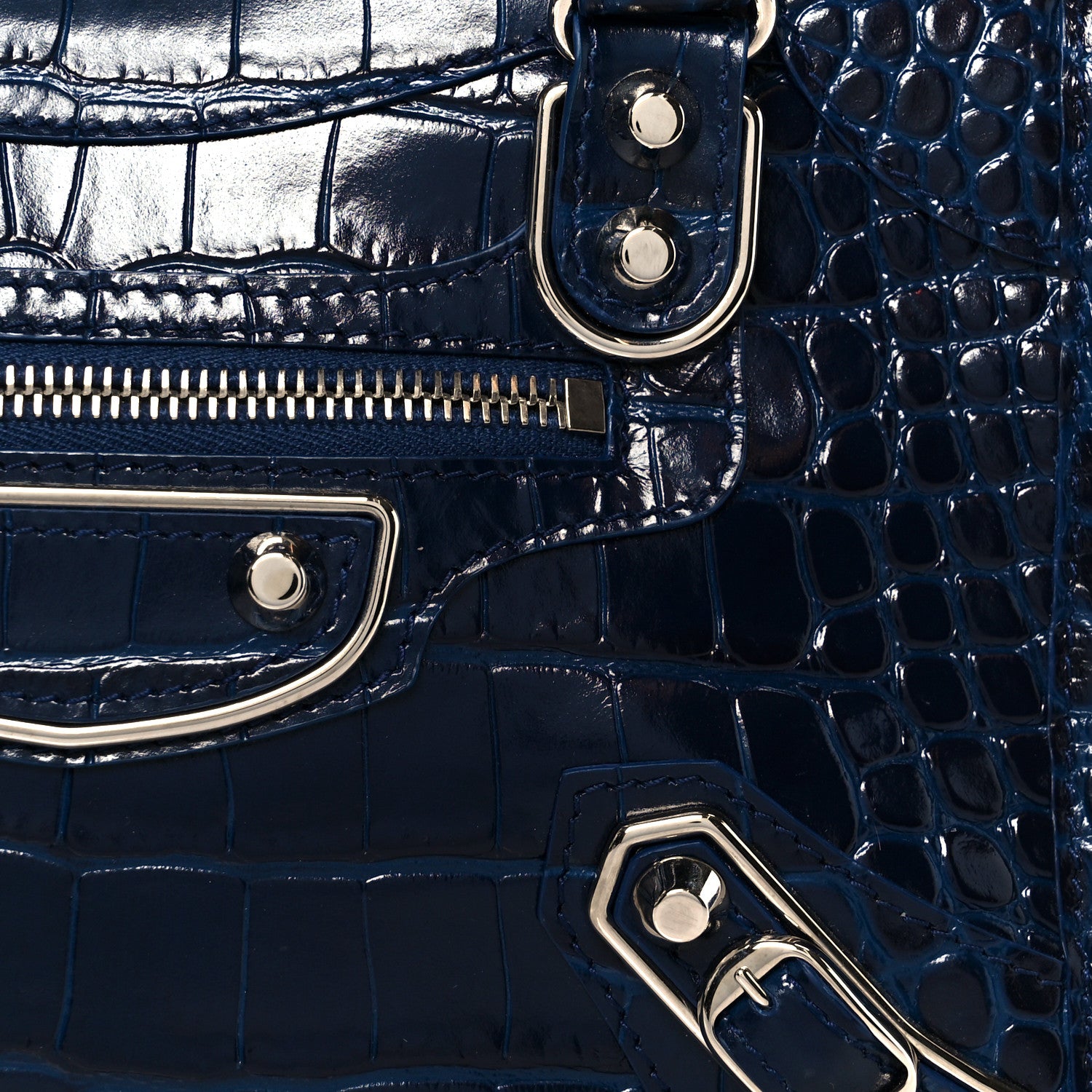 Balenciaga Shiny Supple Calfskin Crocodile Embossed Silver Metallic Edge Hardware Mini City Navy 9 of 11