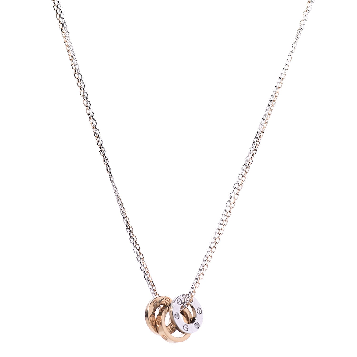 Cartier 18K White Pink Gold Diamond Three Ring LOVE Pendant Necklace 1 of 10