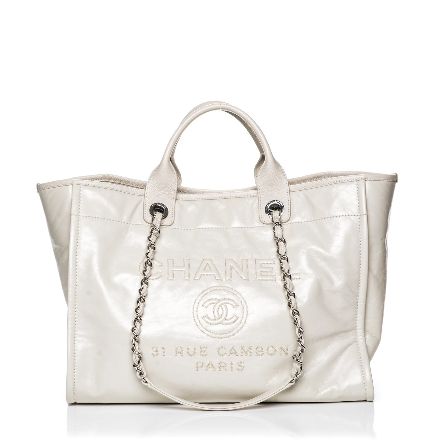 Glazed Calfskin Large Deauville Tote Ivory