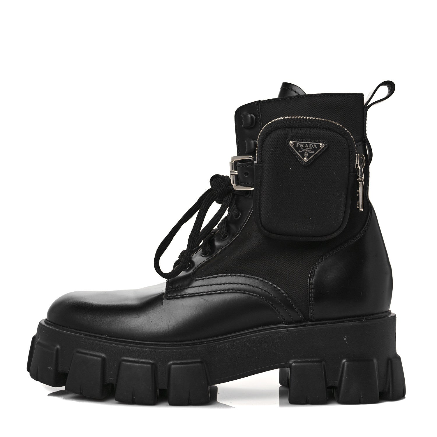 Prada Spazzolato Rois Nylon Metal Triangle Logo Monolith Pouch Pocket 55mm Boots 40 Black 1 of 8