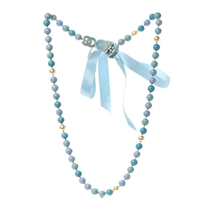 Chanel Pearl Beaded Ribbon Necklace Blue 3 of 5