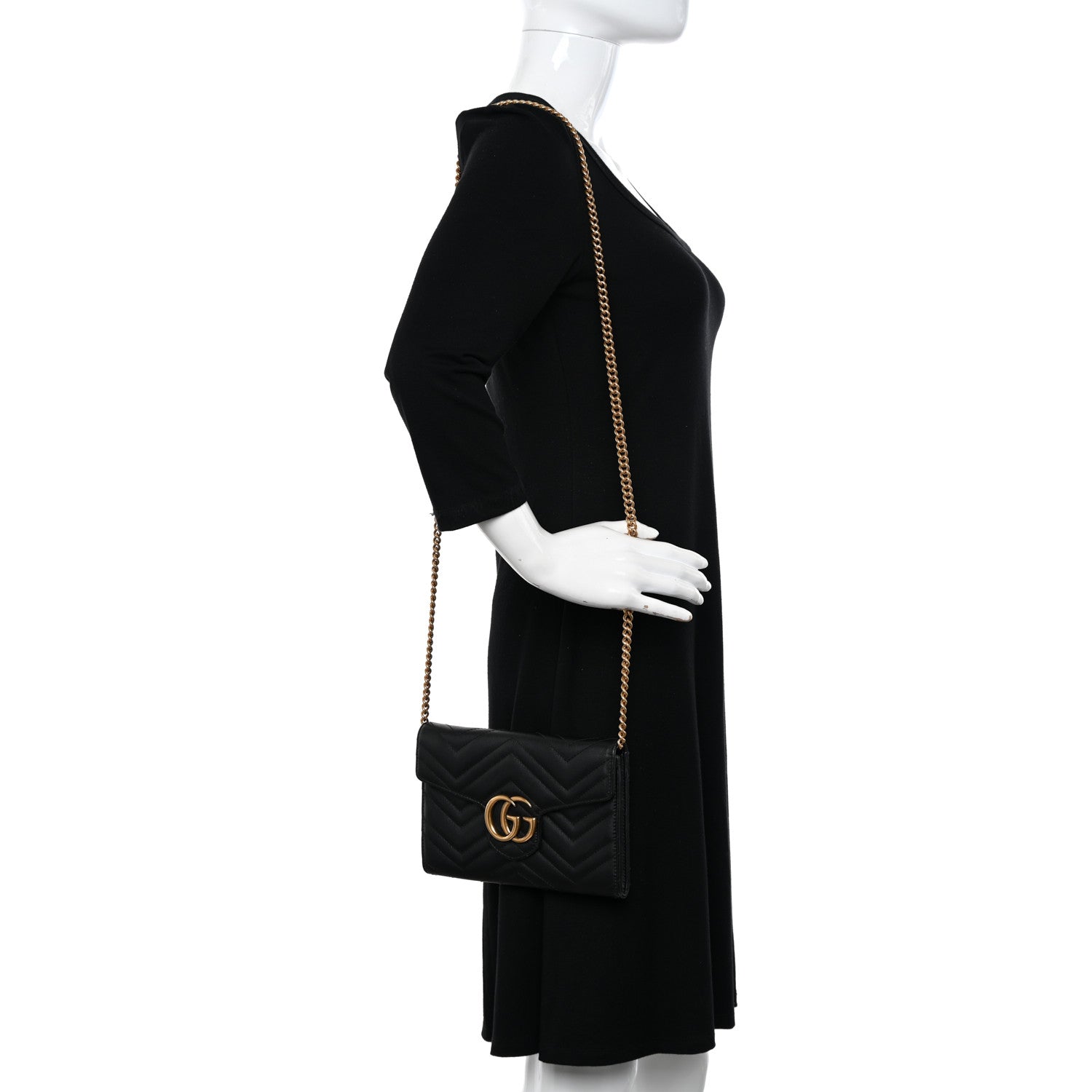 Gucci Calfskin Matelasse Mini GG Marmont Chain Wallet Black 2 of 9