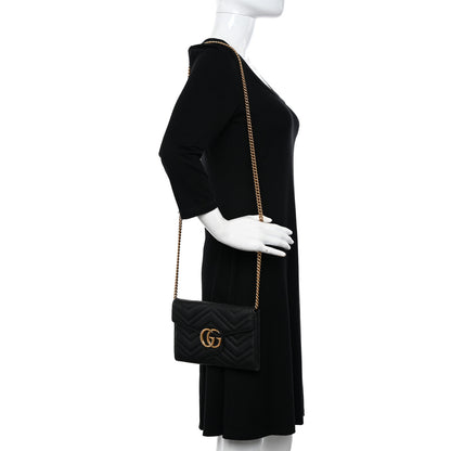 Gucci Calfskin Matelasse Mini GG Marmont Chain Wallet Black 2 of 9