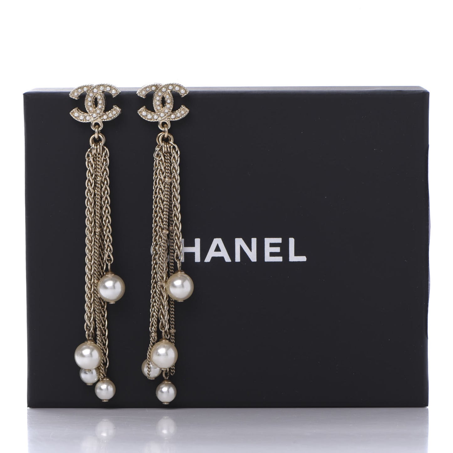 Glass Pearl CC Long Drop Earrings Gold