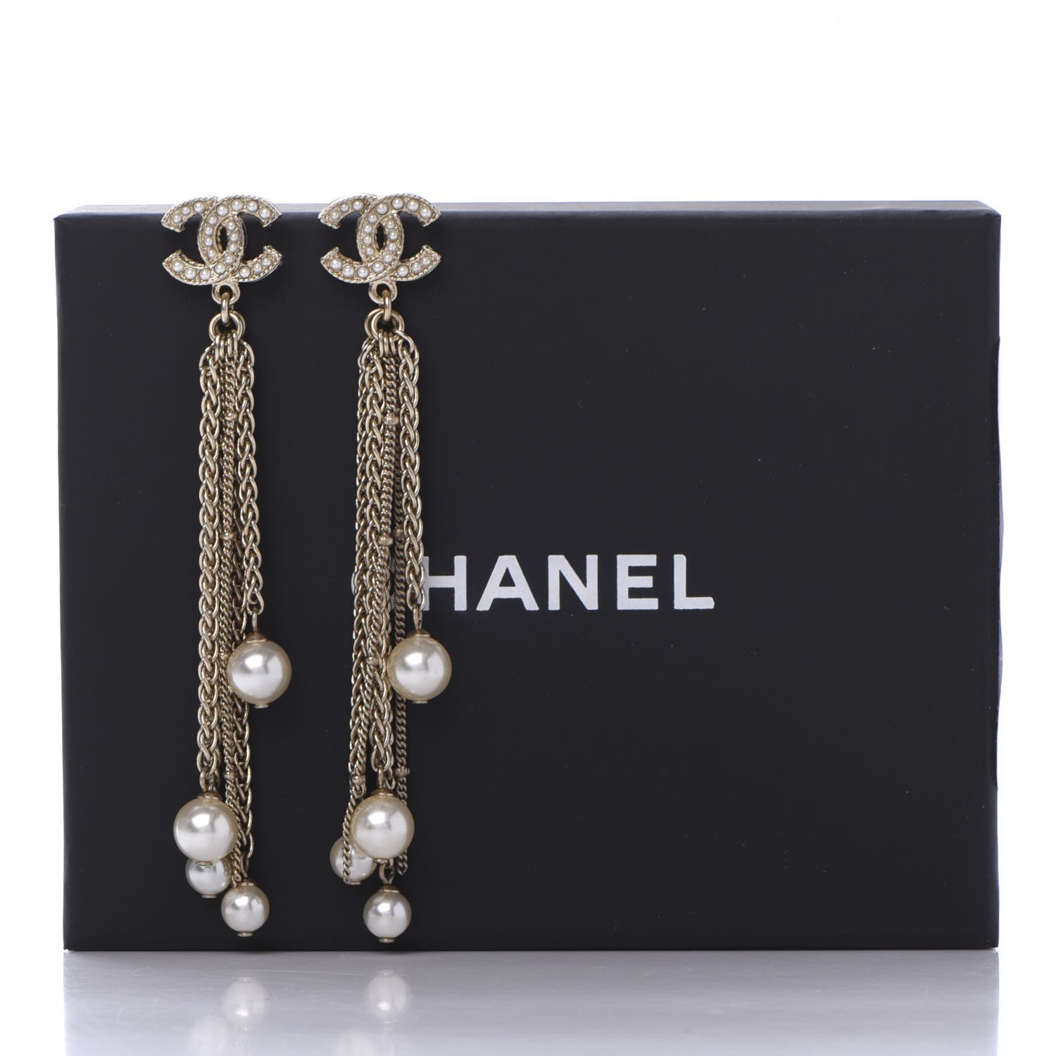 Chanel Glass Pearl CC Long Drop Earrings Gold 5 of 5
