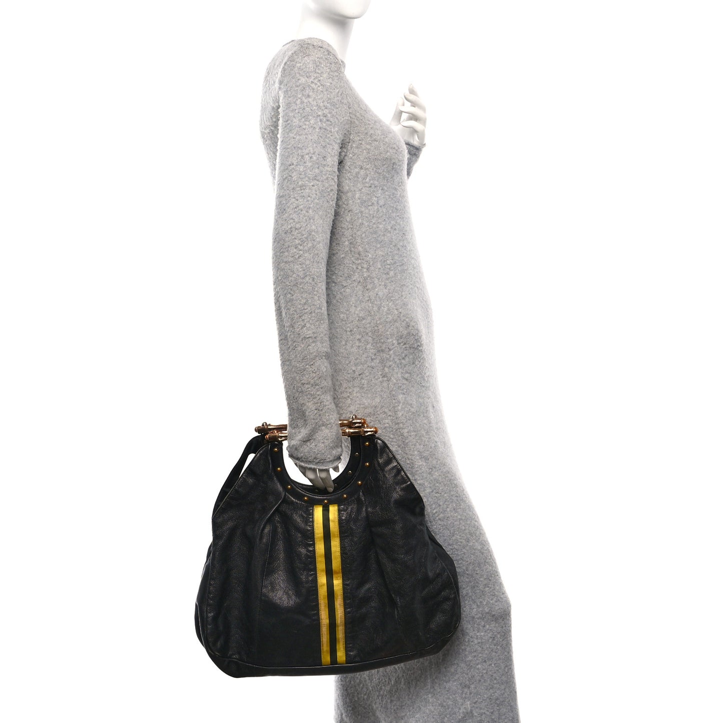 Calfskin Web Metal Bamboo Tote Black