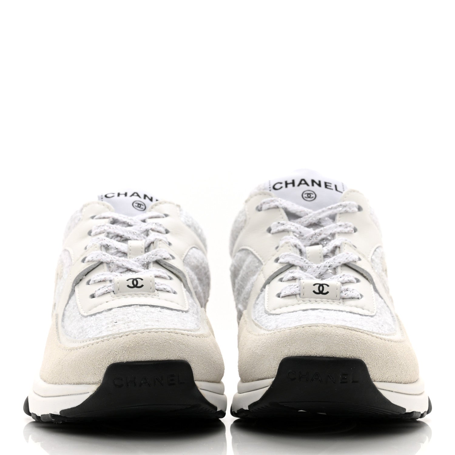 Chanel Painted Iridescent Cotton Tweed Suede Womens CC Sneakers 36 White Silver Multicolor 2 of 8