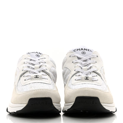 Chanel Painted Iridescent Cotton Tweed Suede Womens CC Sneakers 36 White Silver Multicolor 2 of 8