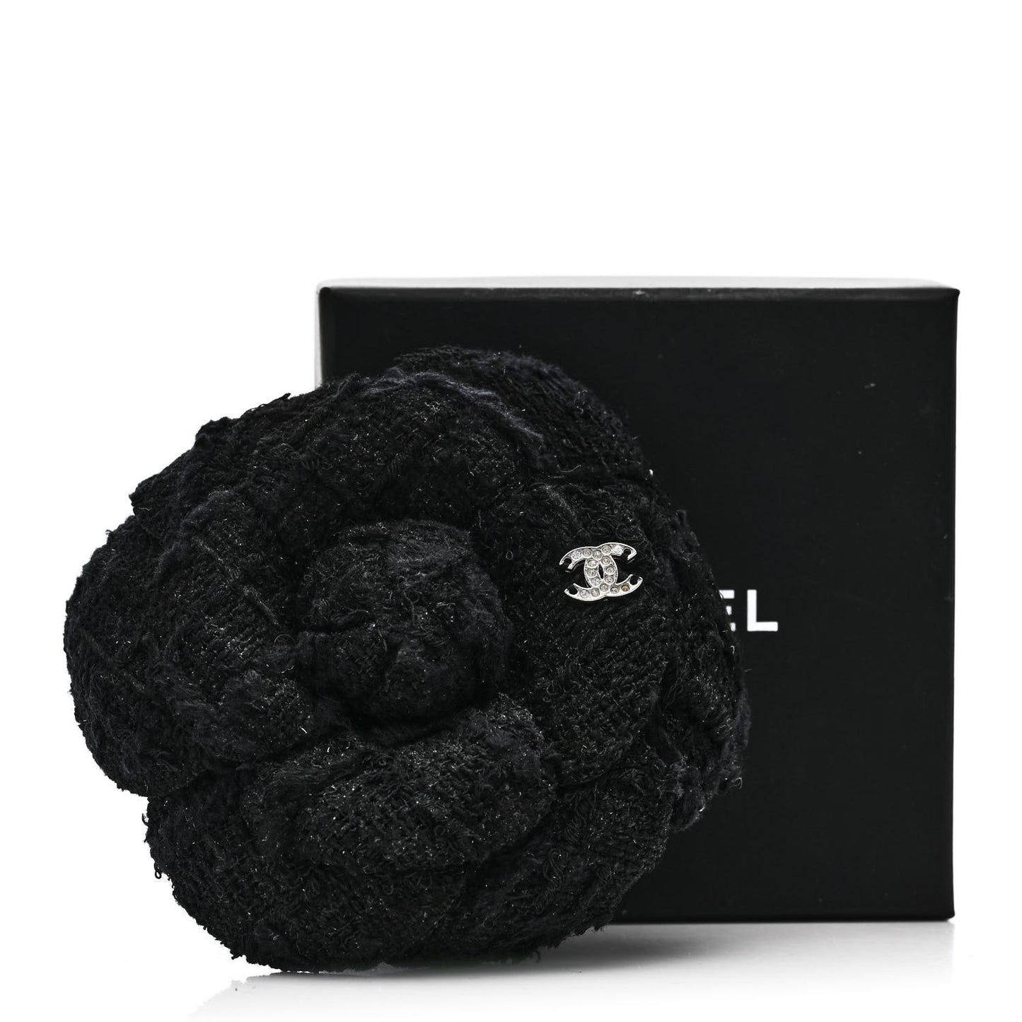 Tweed Camellia CC Pin Brooch Black