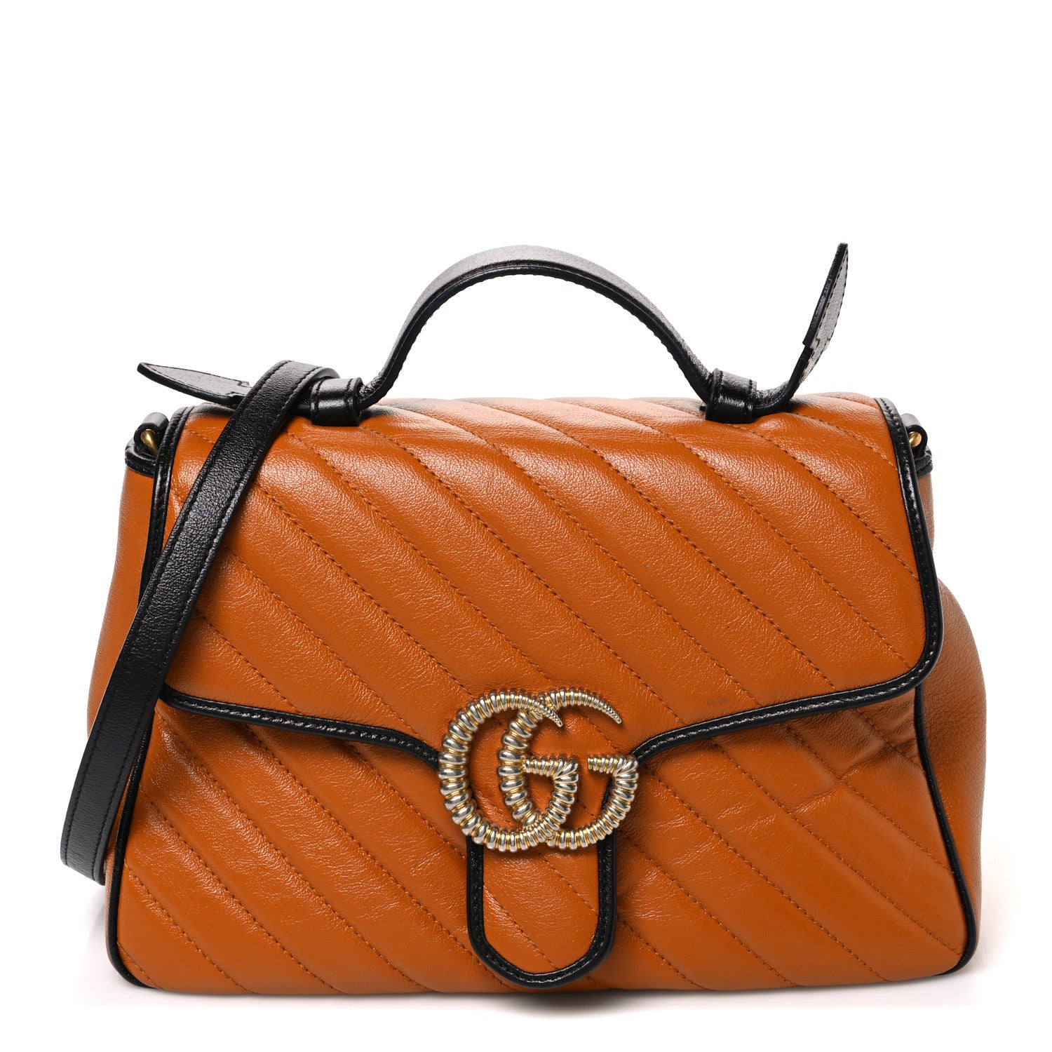 Gucci Azalea Calfskin Matelasse Diagonal Small Torchon GG Marmont Top Handle Shoulder Bag Cognac Black 1 of 10
