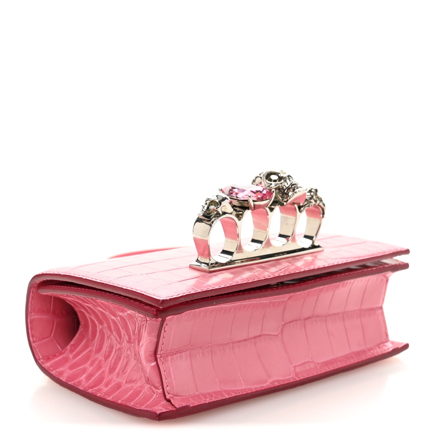 Calfskin Crocodile Embossed Mini Jeweled Knuckle Satchel Pink