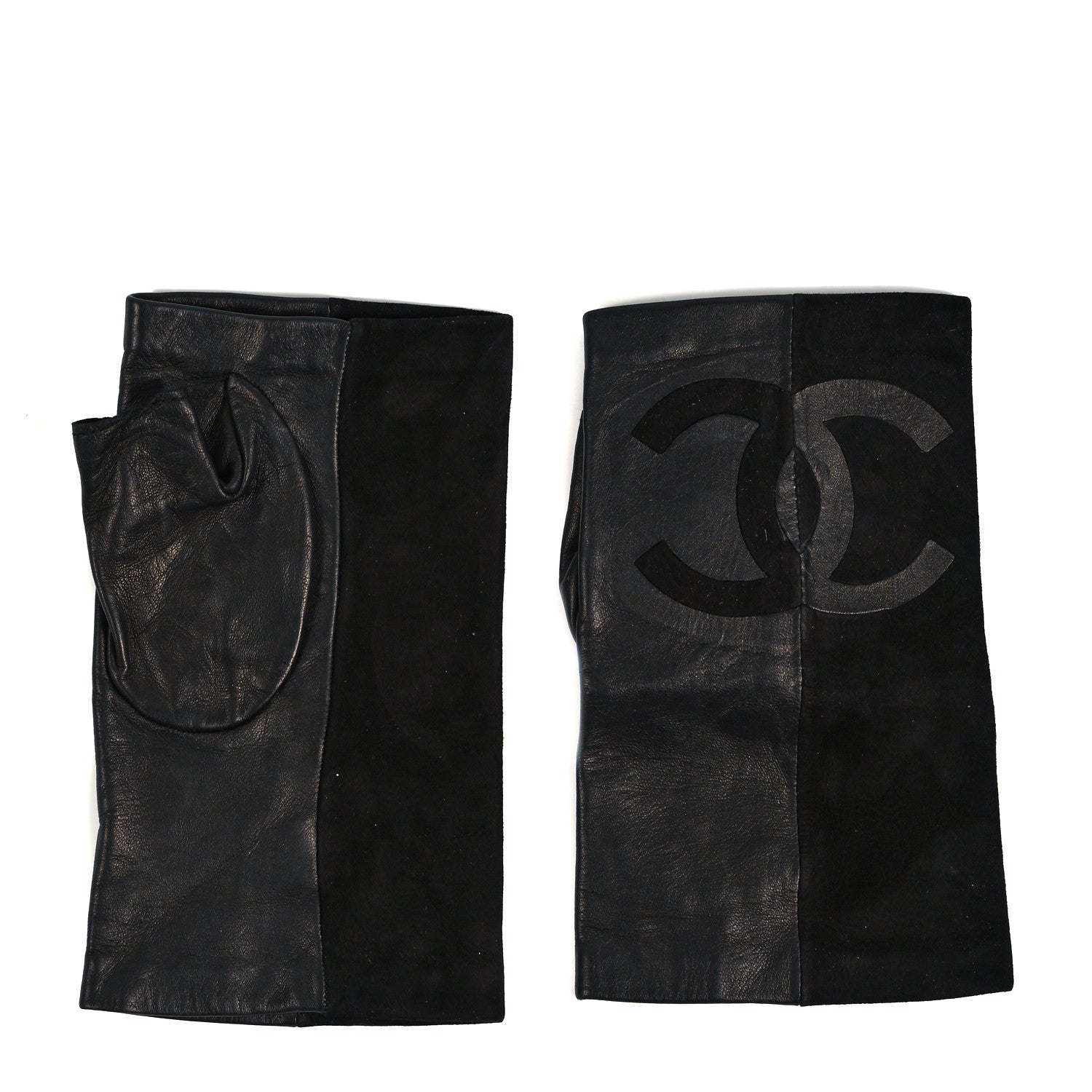 Chanel Suede Lambskin Fingerless CC Gloves 7 Black 2 of 4