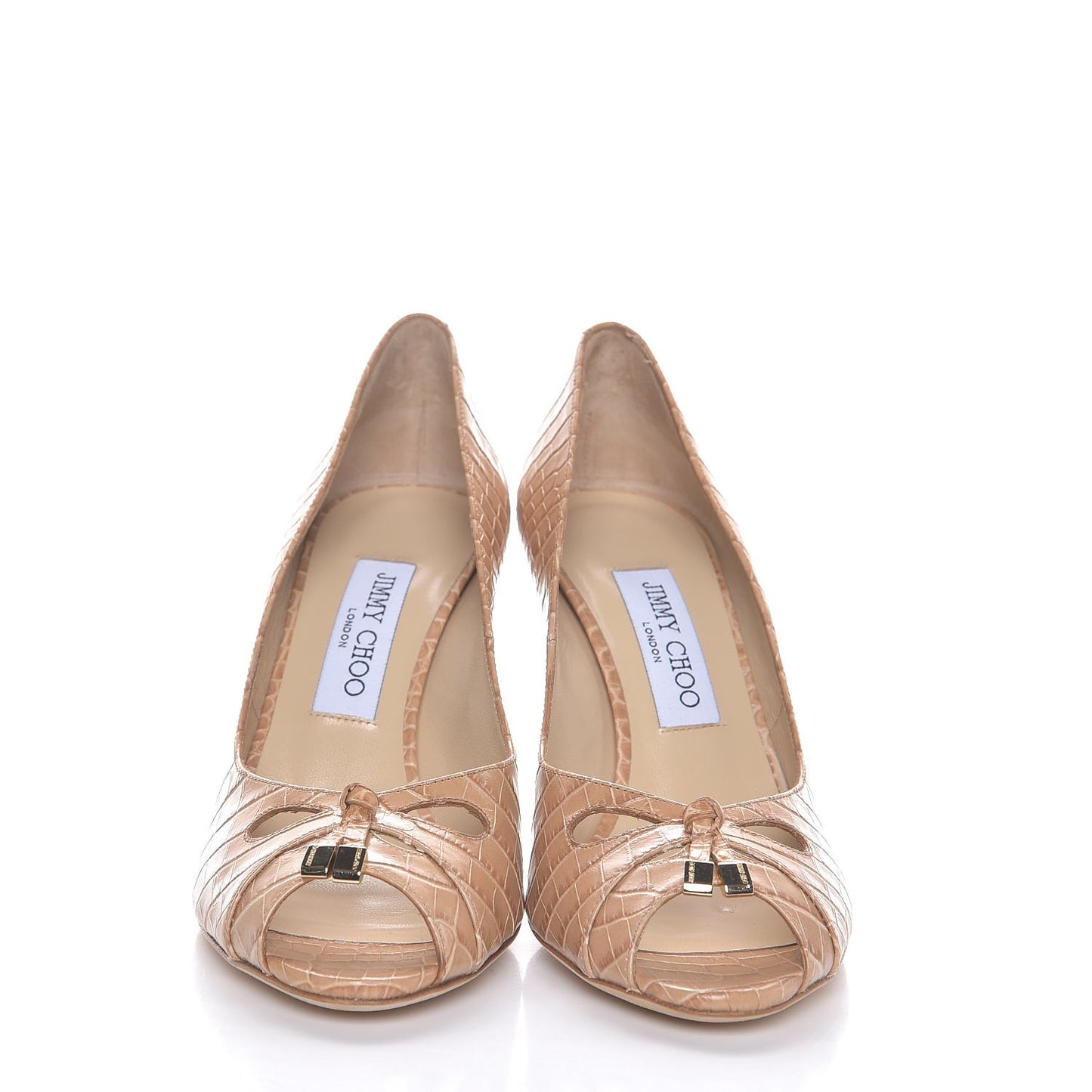 Calfskin Croc Embossed Valika Peep Toe Pumps Heels 38.5 Beige